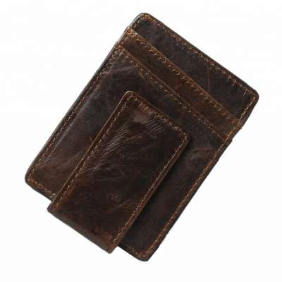 Stock Concise Mens Style Magnetic Flip Cowhide Leather Card Cases With OEM Coin Cases Slots